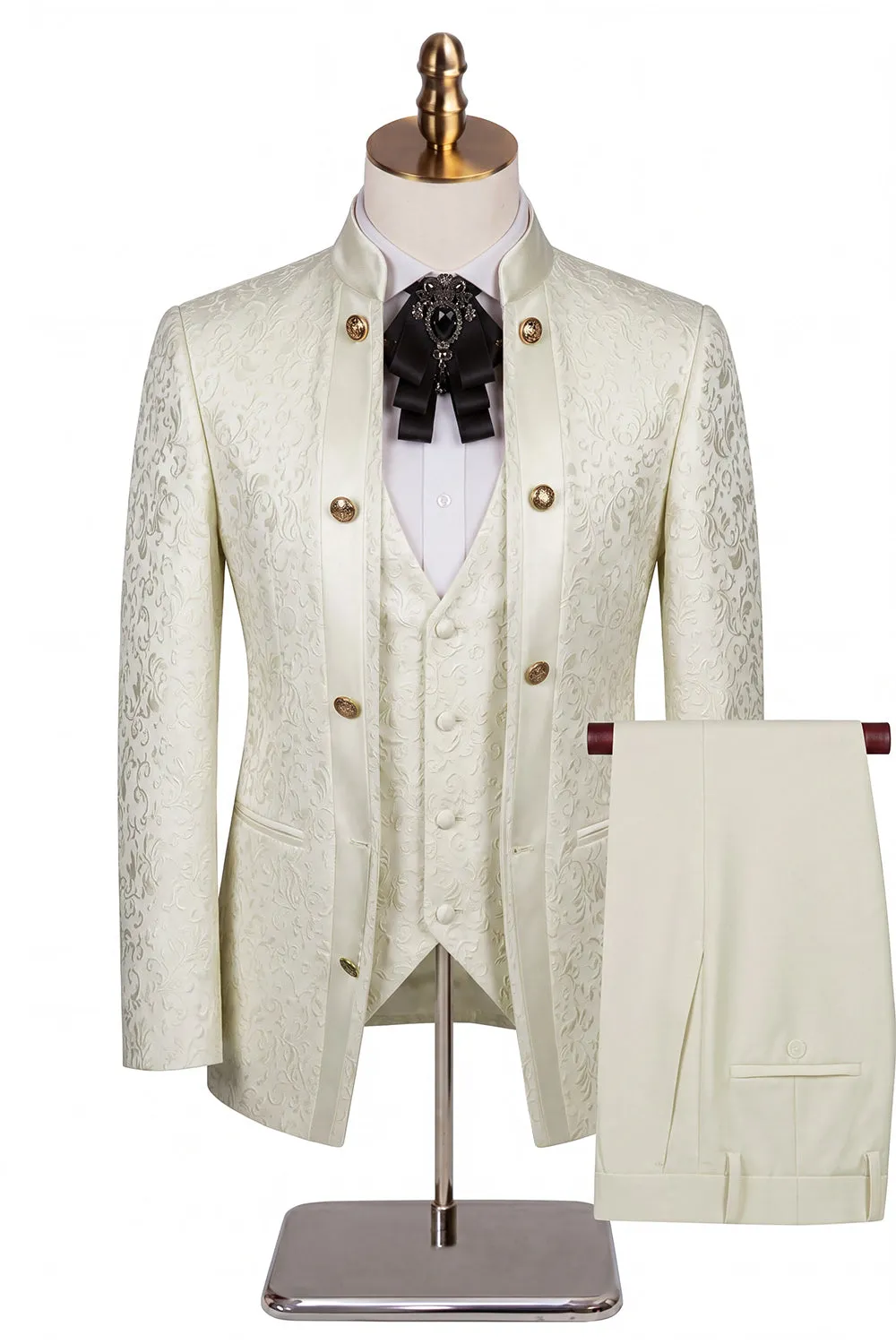 Beige Flower 3 Piece One Button Jacquard Men's Prom Suits sold by Zapaka product image thumbnail 3