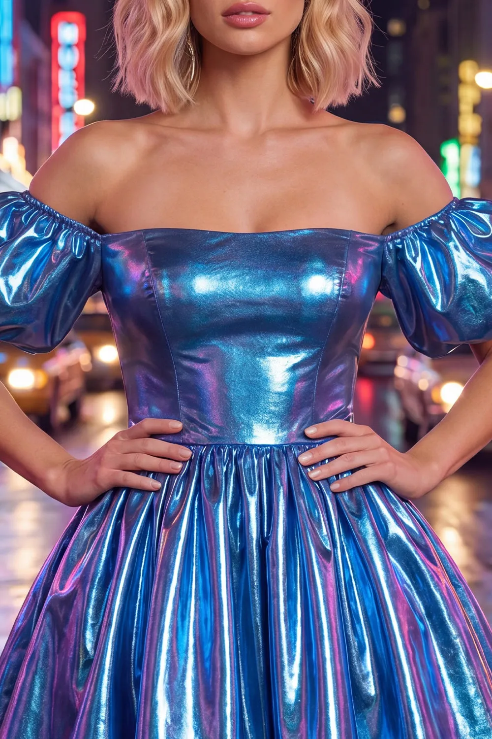 Off the Shoulder Blue A-Line Metallic Homecoming Dress with Puff Sleeves sold by Zapaka product image thumbnail 5