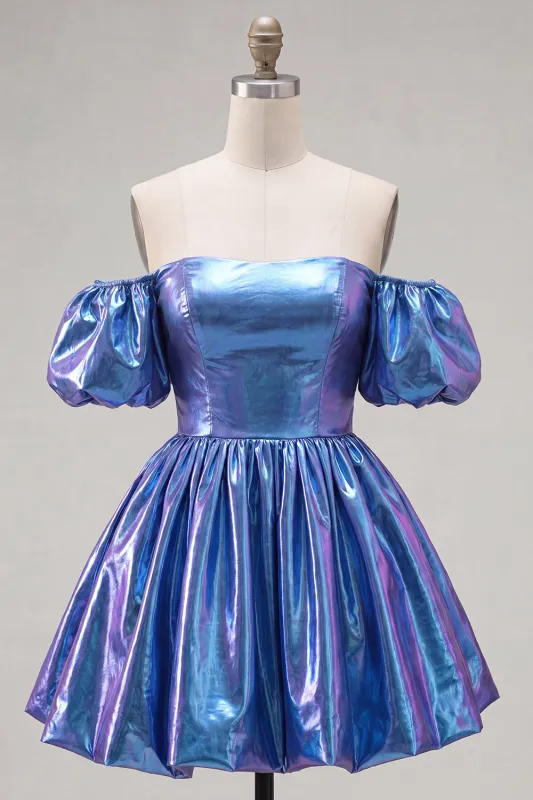 Off the Shoulder Blue A-Line Metallic Homecoming Dress with Puff Sleeves made by Zapaka