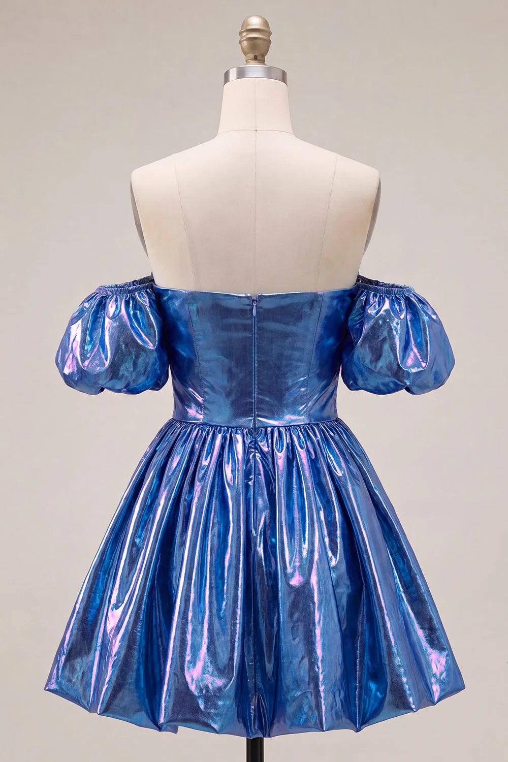 Off the Shoulder Blue A-Line Metallic Homecoming Dress with Puff Sleeves sold by Zapaka product image thumbnail 2