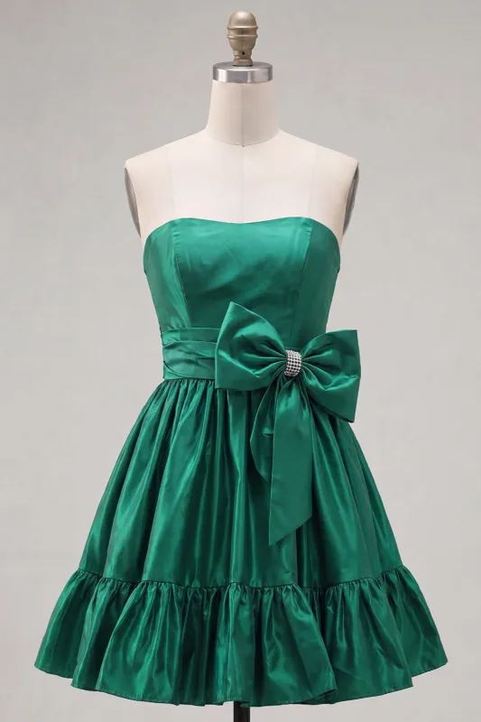 Strapless Dark Green A-Line Ruffles Homecoming Dress with Bow made by Zapaka