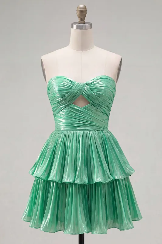 Metallic Green A-Line Tiered Sweetheart Pleated Ruched Cut Out Homecoming Dress made by Zapaka