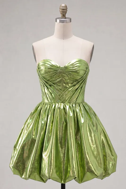 Metallic Green A-Line Sweetheart Corset Ruched Homecoming Dress made by Zapaka