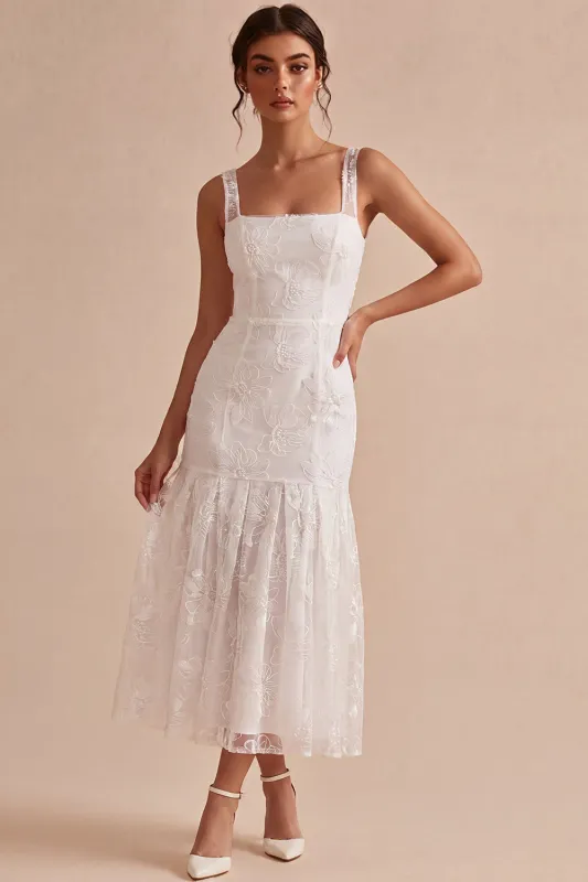 A-Line Thick Straps Floral Little White Dress made by Zapaka