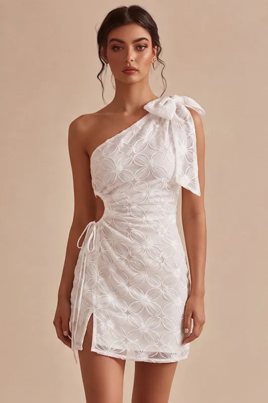 Bodycon One Shoulder Floral Cut Out Little White Dress with Bow made by Zapaka