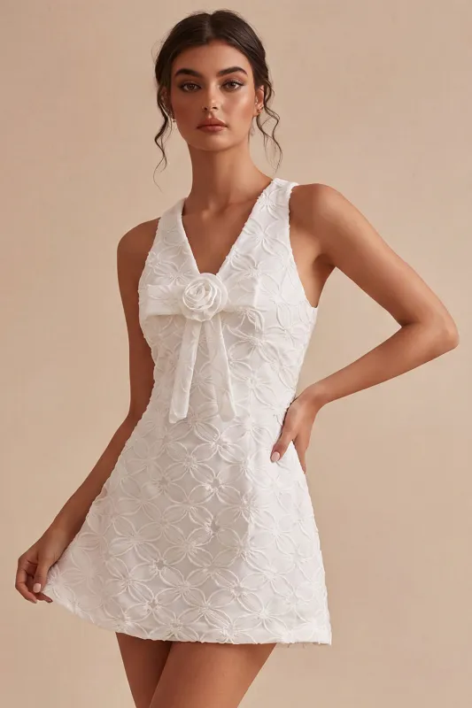 A-Line V-Neck Little White Dress with 3D Flower made by Zapaka