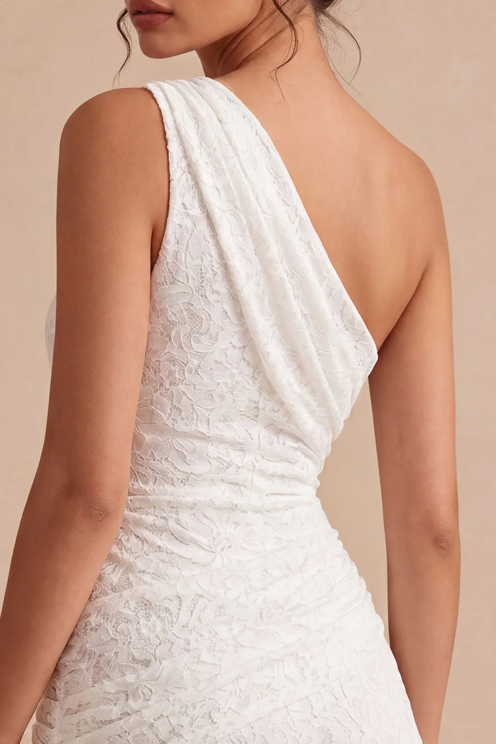 One Shoulder Ruched Lace Asymmetrical Bodycon Little White Dress sold by Zapaka product image thumbnail 4
