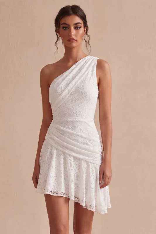 One Shoulder Ruched Lace Asymmetrical Bodycon Little White Dress made by Zapaka