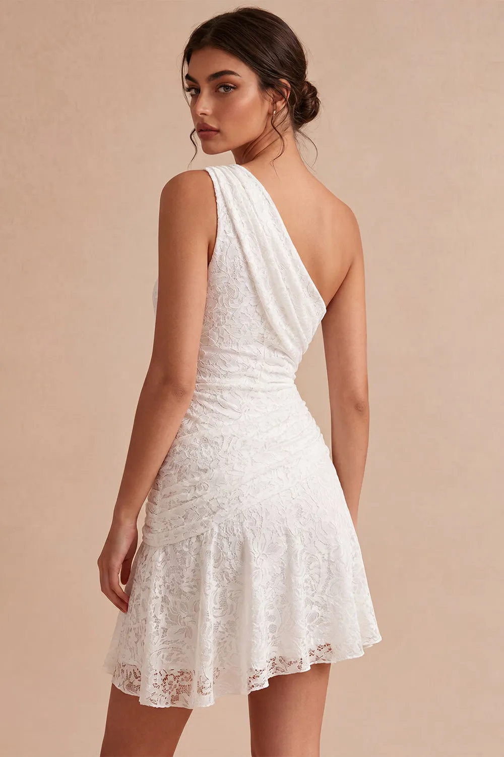 One Shoulder Ruched Lace Asymmetrical Bodycon Little White Dress sold by Zapaka product image thumbnail 2