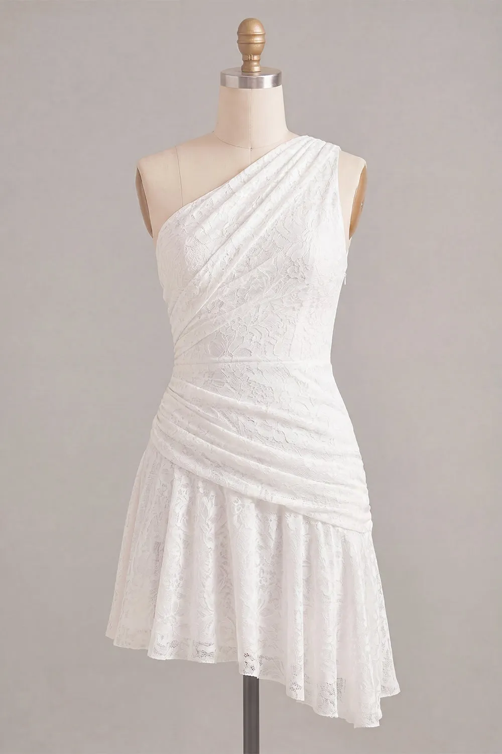 One Shoulder Ruched Lace Asymmetrical Bodycon Little White Dress sold by Zapaka product image thumbnail 5