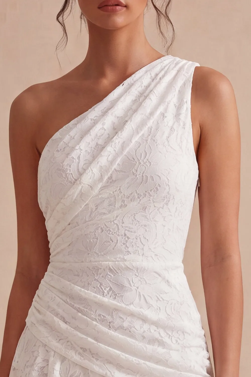 One Shoulder Ruched Lace Asymmetrical Bodycon Little White Dress sold by Zapaka product image thumbnail 3