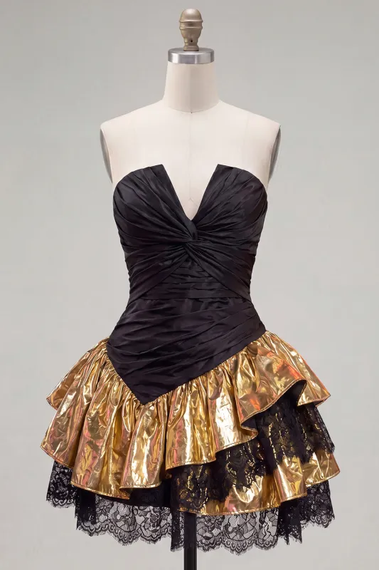 Black Golden A-Line Tiered Strapless Ruffle Short Homecoming Dress with Lace Up Back made by Zapaka