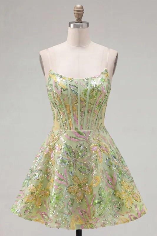 A-Line Green Corset Sequins Short Homecoming Dress made by Zapaka