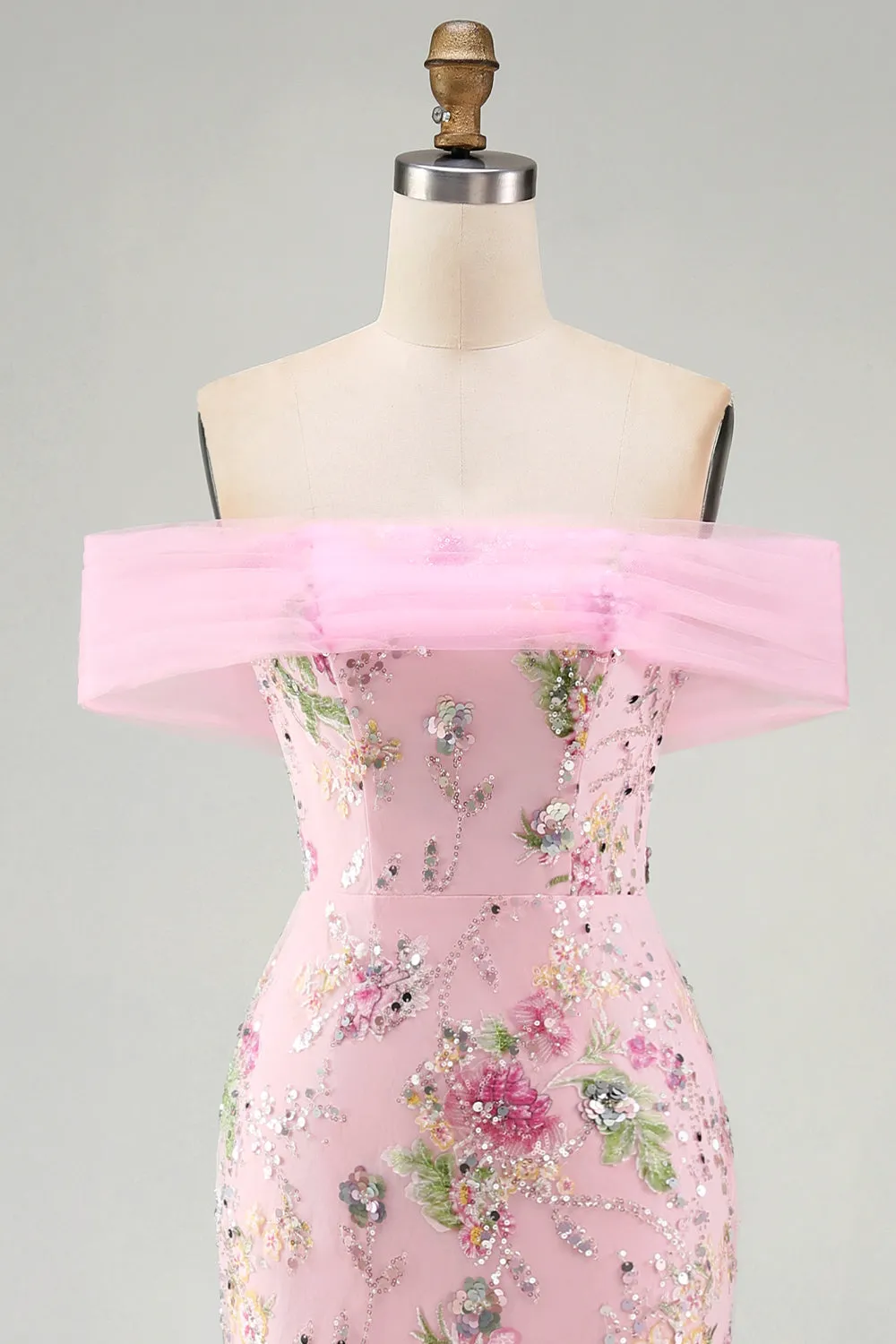 Pink Mermaid Off the Shoulder Beaded Floral Long Prom Dress with Sequins sold by Zapaka product image thumbnail 4