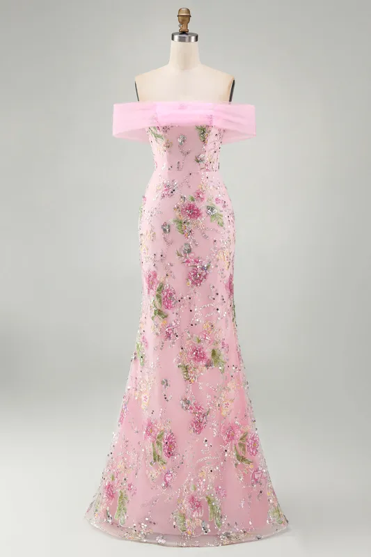 Pink Mermaid Off the Shoulder Beaded Floral Long Prom Dress with Sequins made by Zapaka
