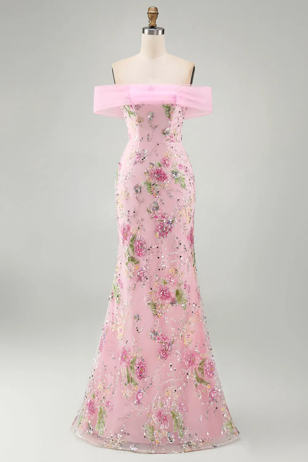 Pink Mermaid Off the Shoulder Beaded Floral Long Prom Dress with Sequins sold by Zapaka