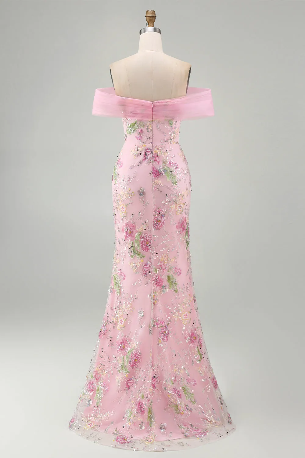 Pink Mermaid Off the Shoulder Beaded Floral Long Prom Dress with Sequins sold by Zapaka product image thumbnail 2