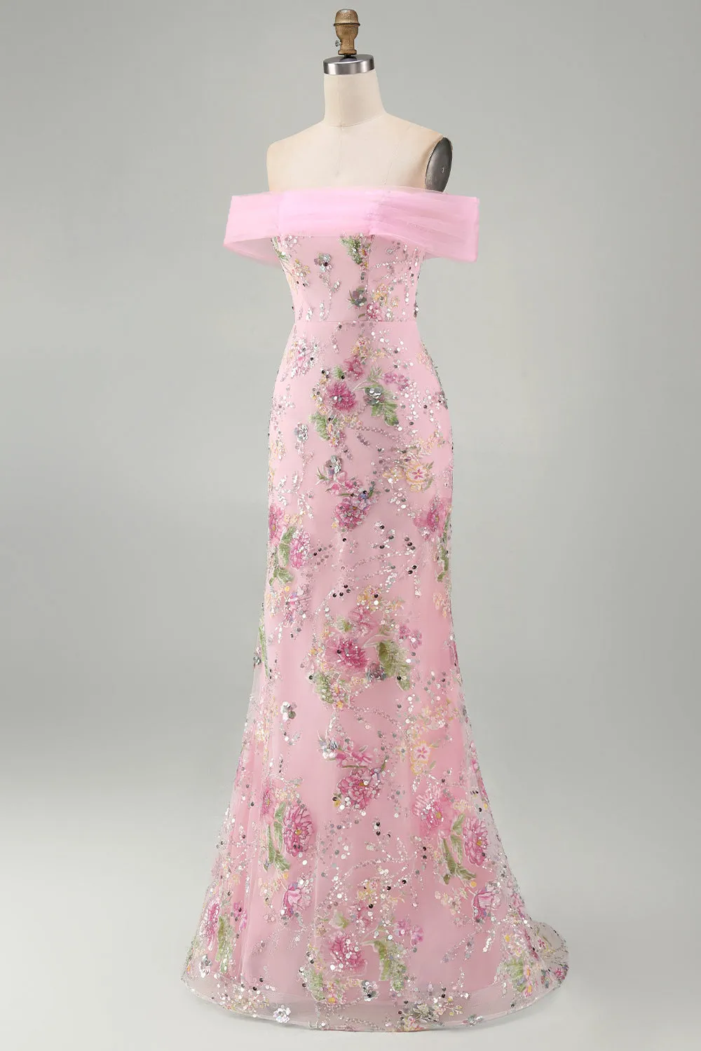 Pink Mermaid Off the Shoulder Beaded Floral Long Prom Dress with Sequins sold by Zapaka product image thumbnail 3