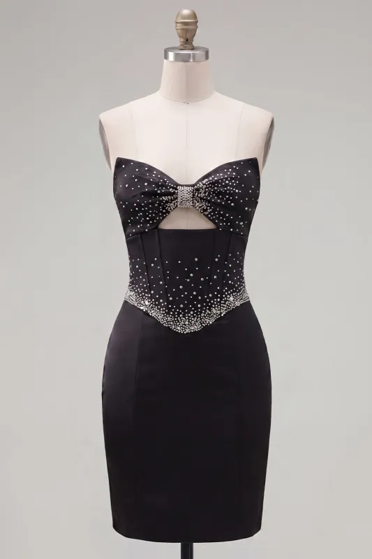 Black Bodycon Sweetheart Corset Satin Beaded Homecoming Dress with Bow made by Zapaka