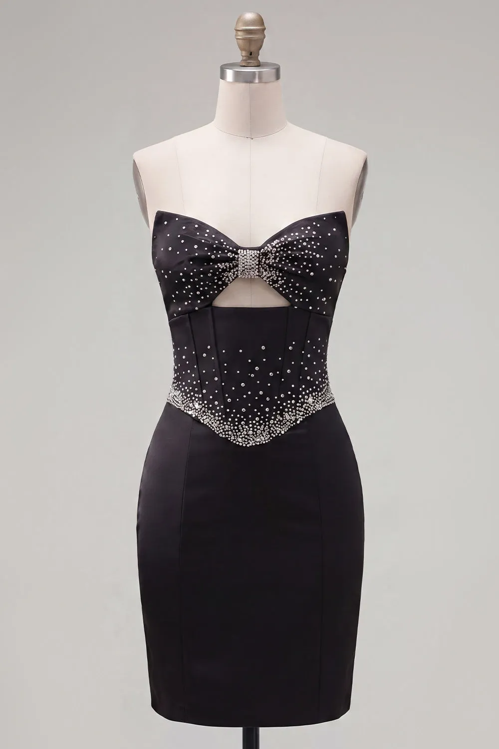 Black Bodycon Sweetheart Corset Satin Beaded Homecoming Dress with Bow sold by Zapaka