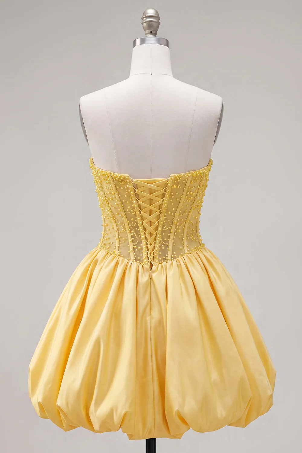 Yellow A-Line Strapless Sheer Corset Lace Up Back Homecoming Dress with Pearls sold by Zapaka product image thumbnail 2
