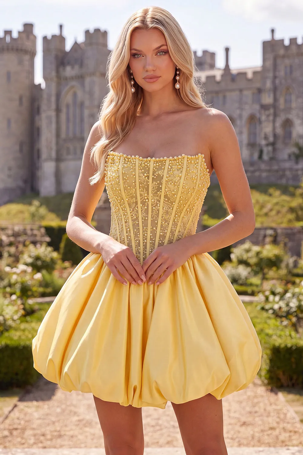 Yellow A-Line Strapless Sheer Corset Lace Up Back Homecoming Dress with Pearls sold by Zapaka product image thumbnail 3