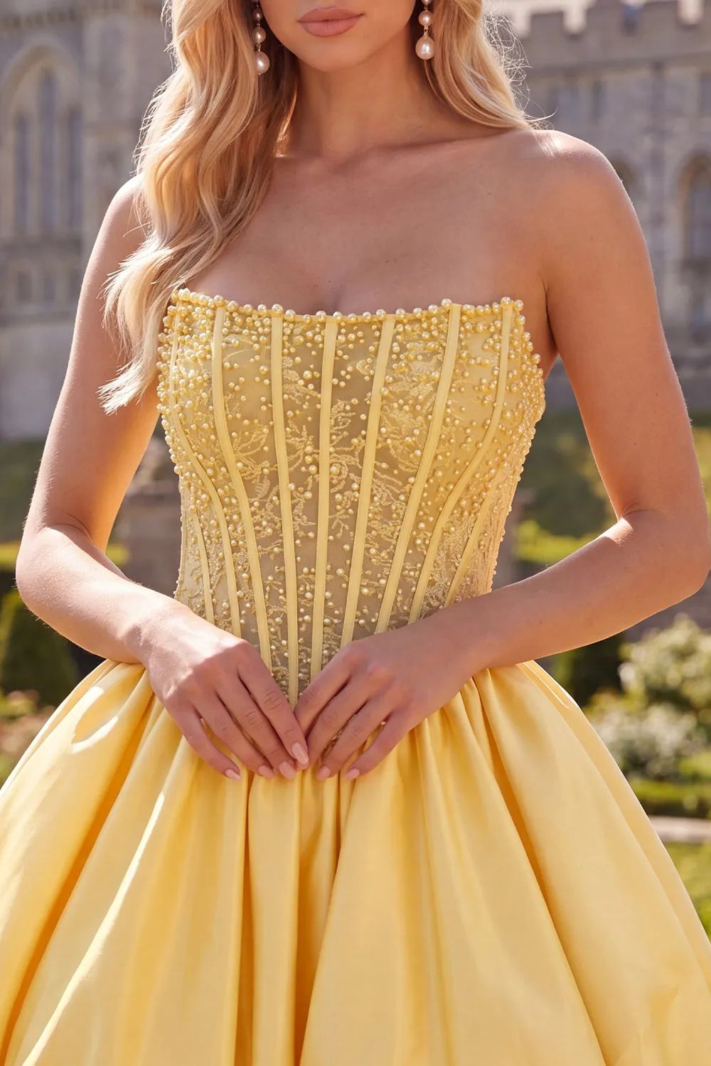 Yellow A-Line Strapless Sheer Corset Lace Up Back Homecoming Dress with Pearls sold by Zapaka product image thumbnail 5