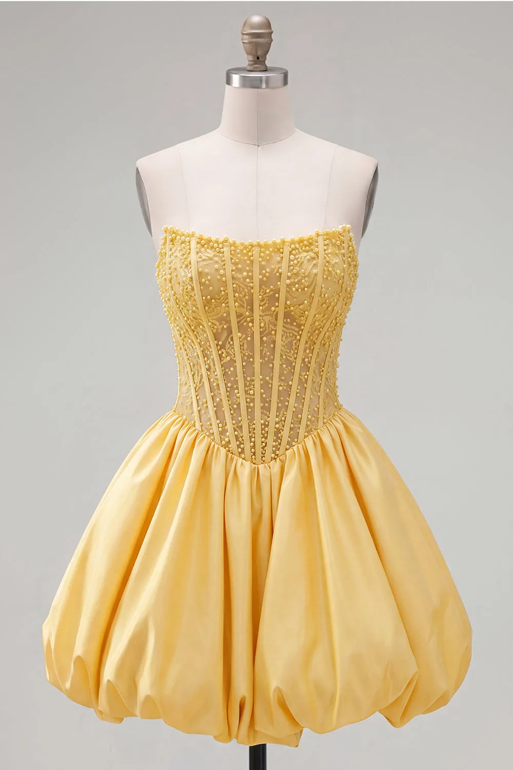Yellow A-Line Strapless Sheer Corset Lace Up Back Homecoming Dress with Pearls sold by Zapaka
