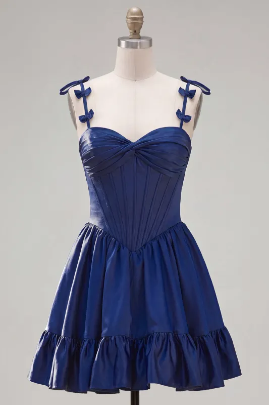 A-Line Navy Corset Spaghetti Straps Homecoming Dress with Ruffles made by Zapaka