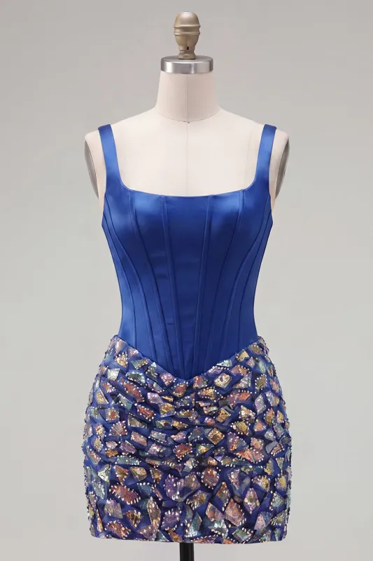 Dark Blue Bodycon Corset Square Neck Homecoming Dress with Rhinestones made by Zapaka