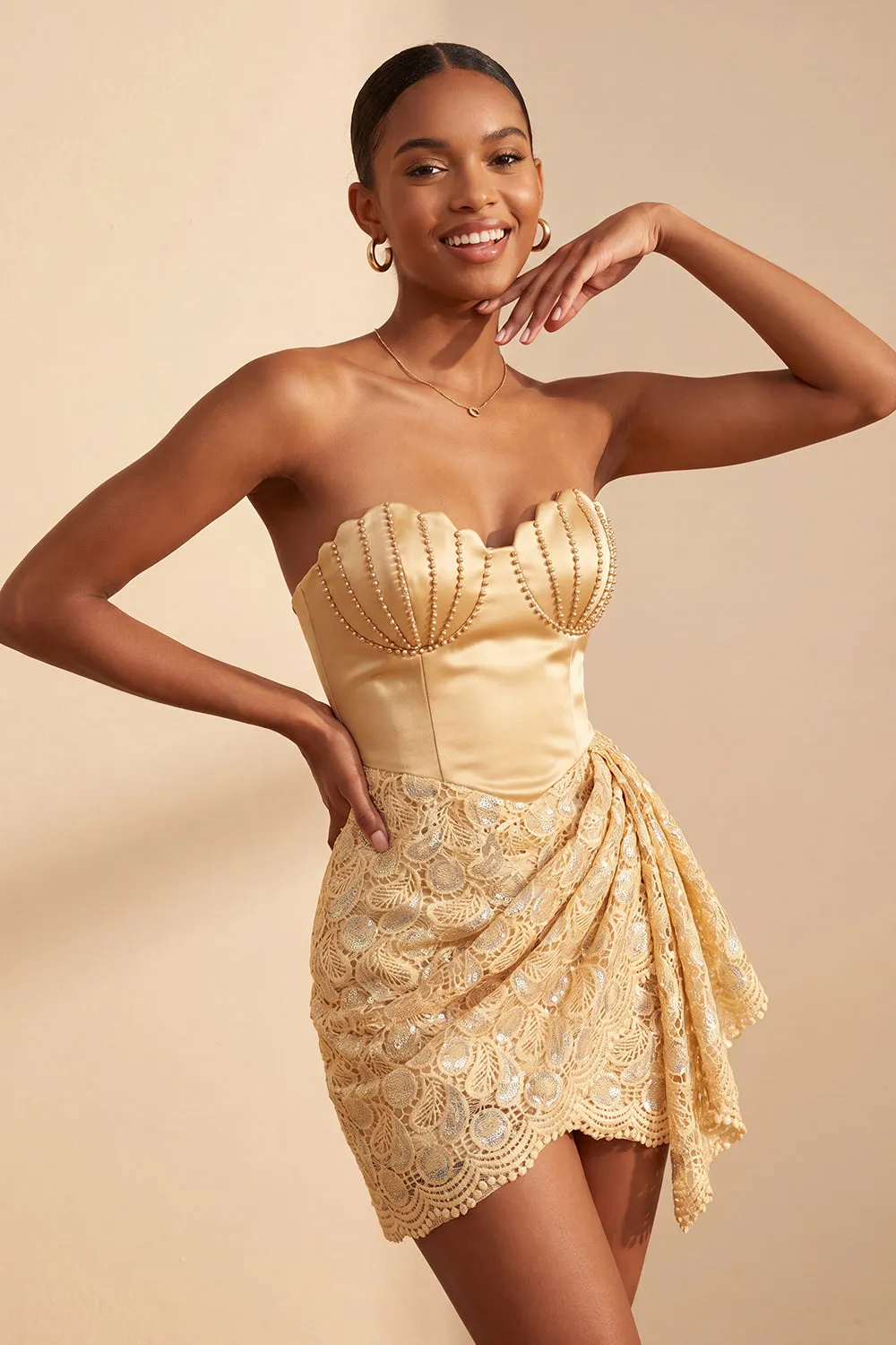 Light Yellow Bodycon Sweetheart Ruched Sequins Lace Up Back Homecoming Dress with Sash sold by Zapaka product image thumbnail 3