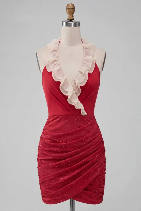 Halter Neck Red Bodycon Ruched Ruffled Glitter Homecoming Dress with Lace Up Back made by Zapaka