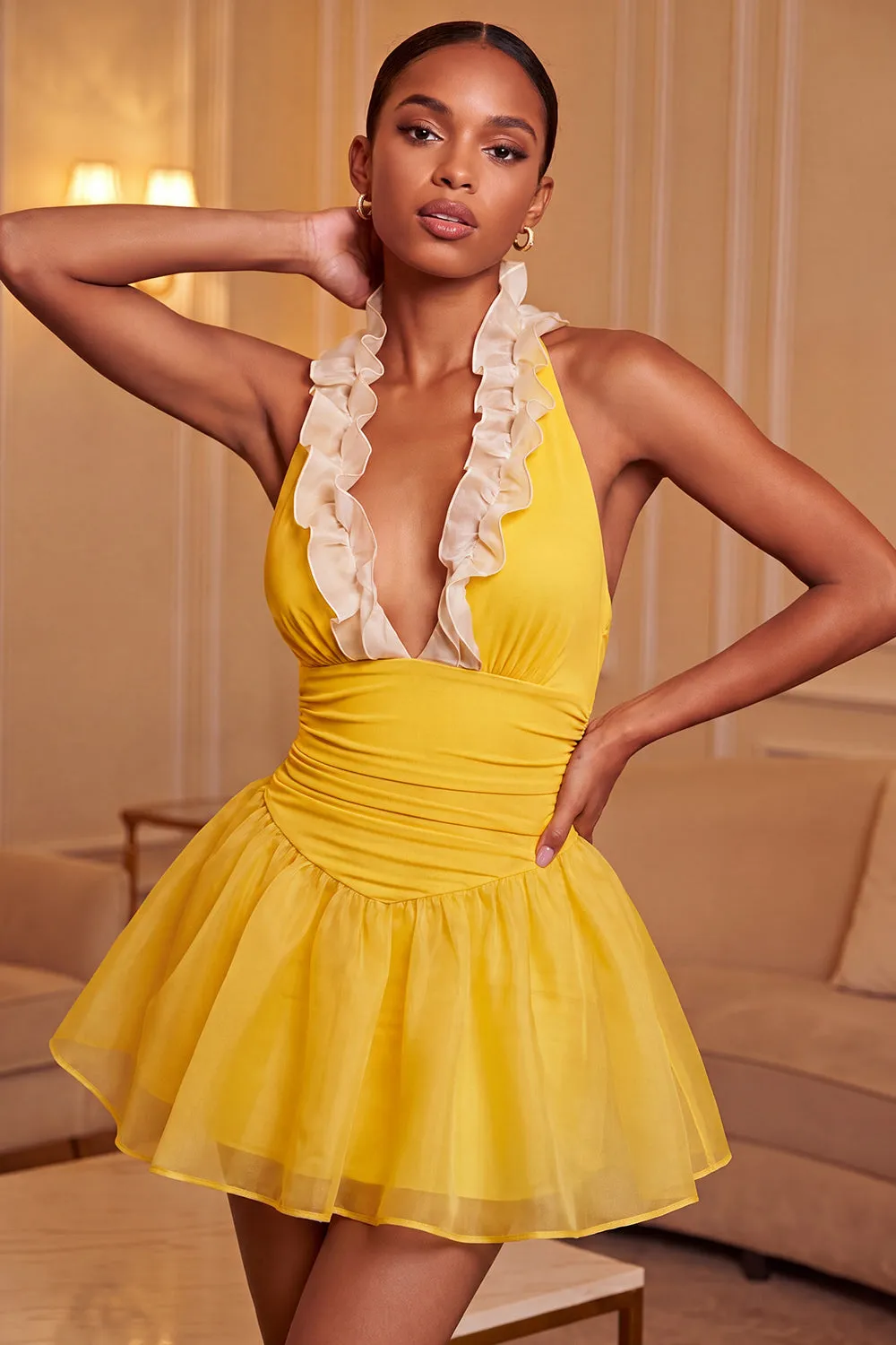 Yellow A-Line Halter Neck Ruffled Ruched Homecoming Dress with Lace Up Back sold by Zapaka product image thumbnail 3