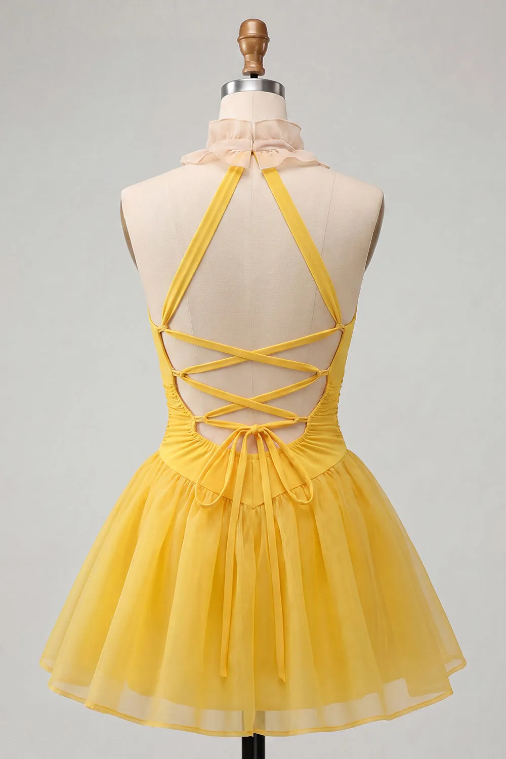 Yellow A-Line Halter Neck Ruffled Ruched Homecoming Dress with Lace Up Back sold by Zapaka product image thumbnail 2