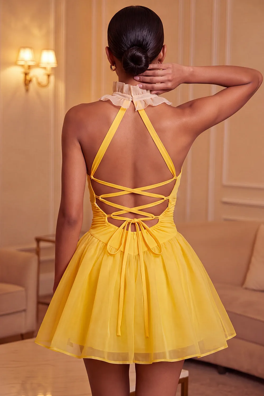 Yellow A-Line Halter Neck Ruffled Ruched Homecoming Dress with Lace Up Back sold by Zapaka product image thumbnail 4