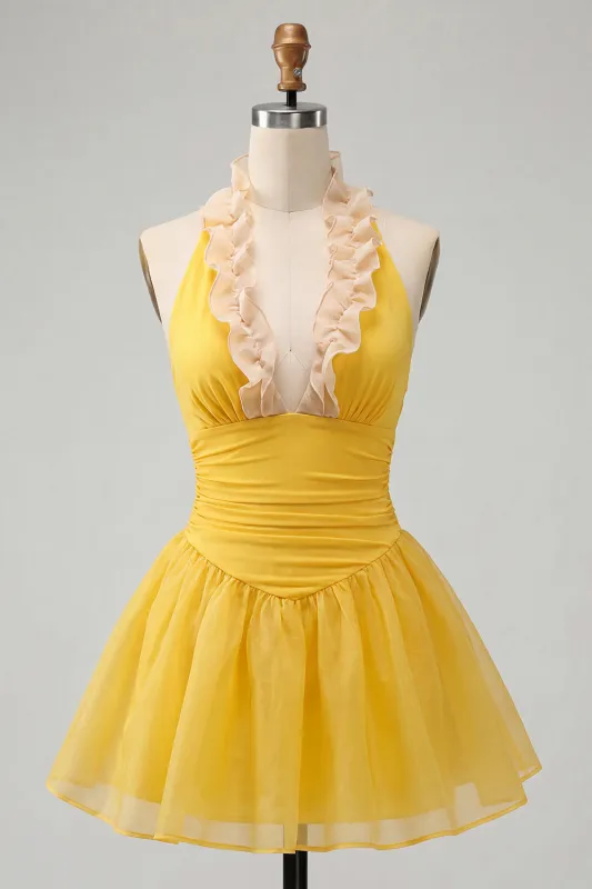 Yellow A-Line Halter Neck Ruffled Ruched Homecoming Dress with Lace Up Back made by Zapaka