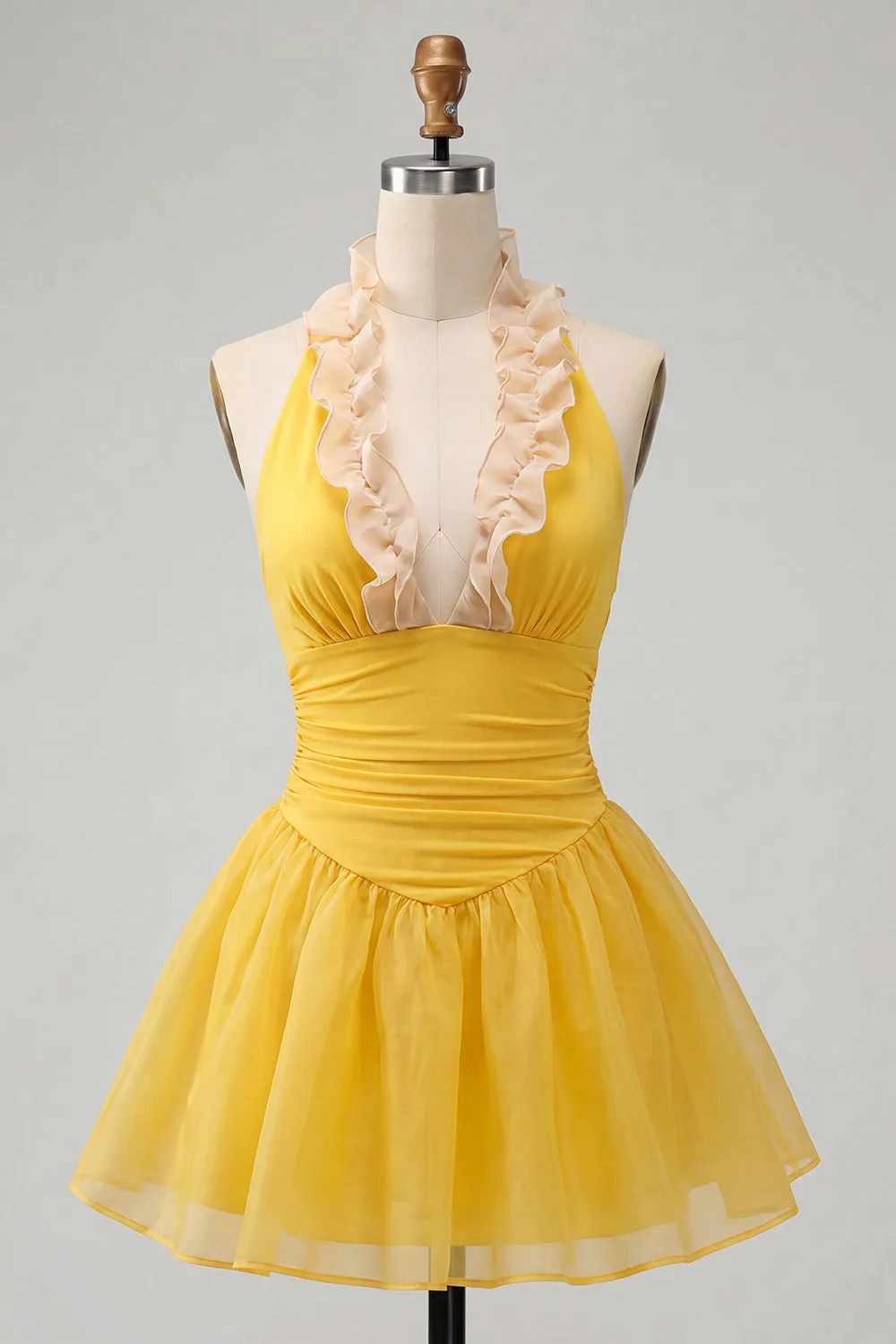 Yellow A-Line Halter Neck Ruffled Ruched Homecoming Dress with Lace Up Back sold by Zapaka