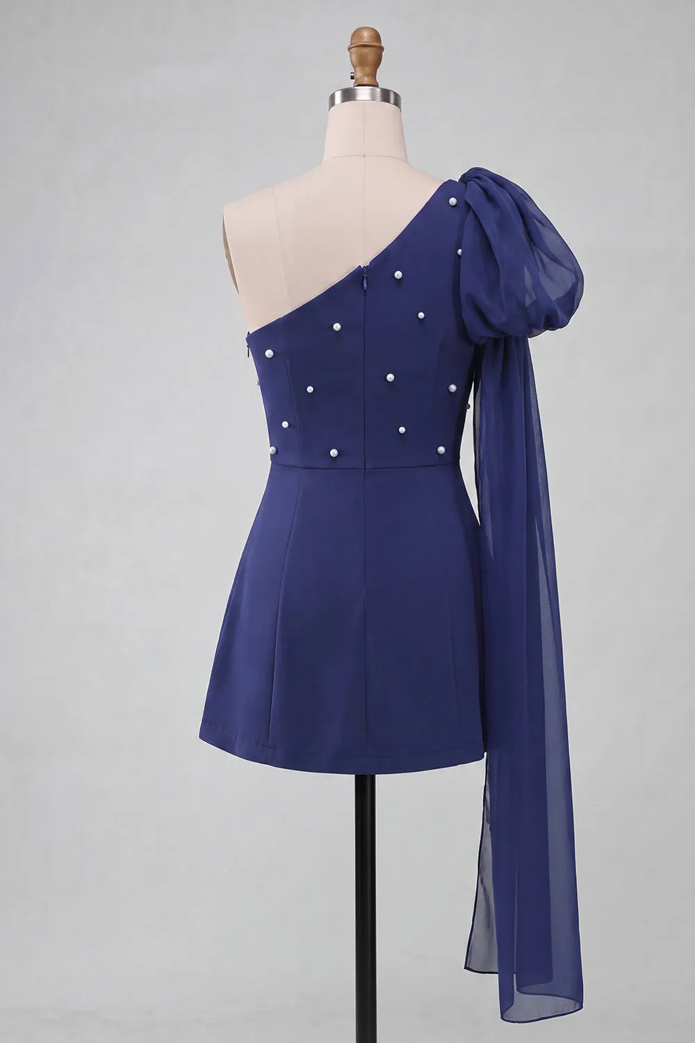 One Shoulder Dark Blue A-Line Pearl Homecoming Dress with Side Cape sold by Zapaka product image thumbnail 2