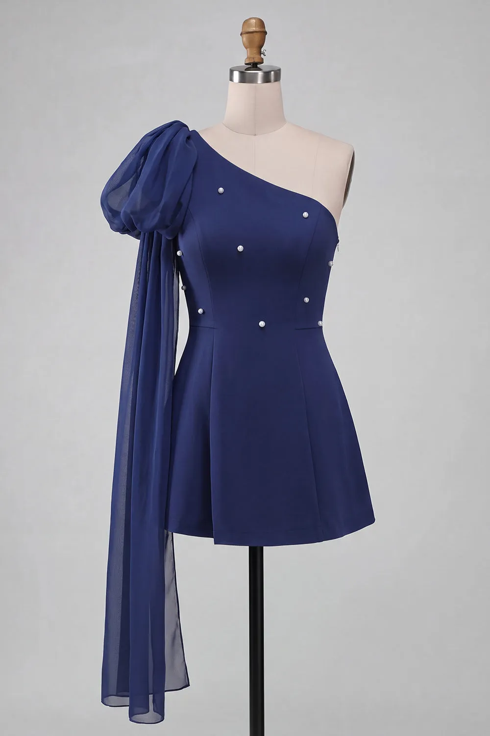 One Shoulder Dark Blue A-Line Pearl Homecoming Dress with Side Cape sold by Zapaka