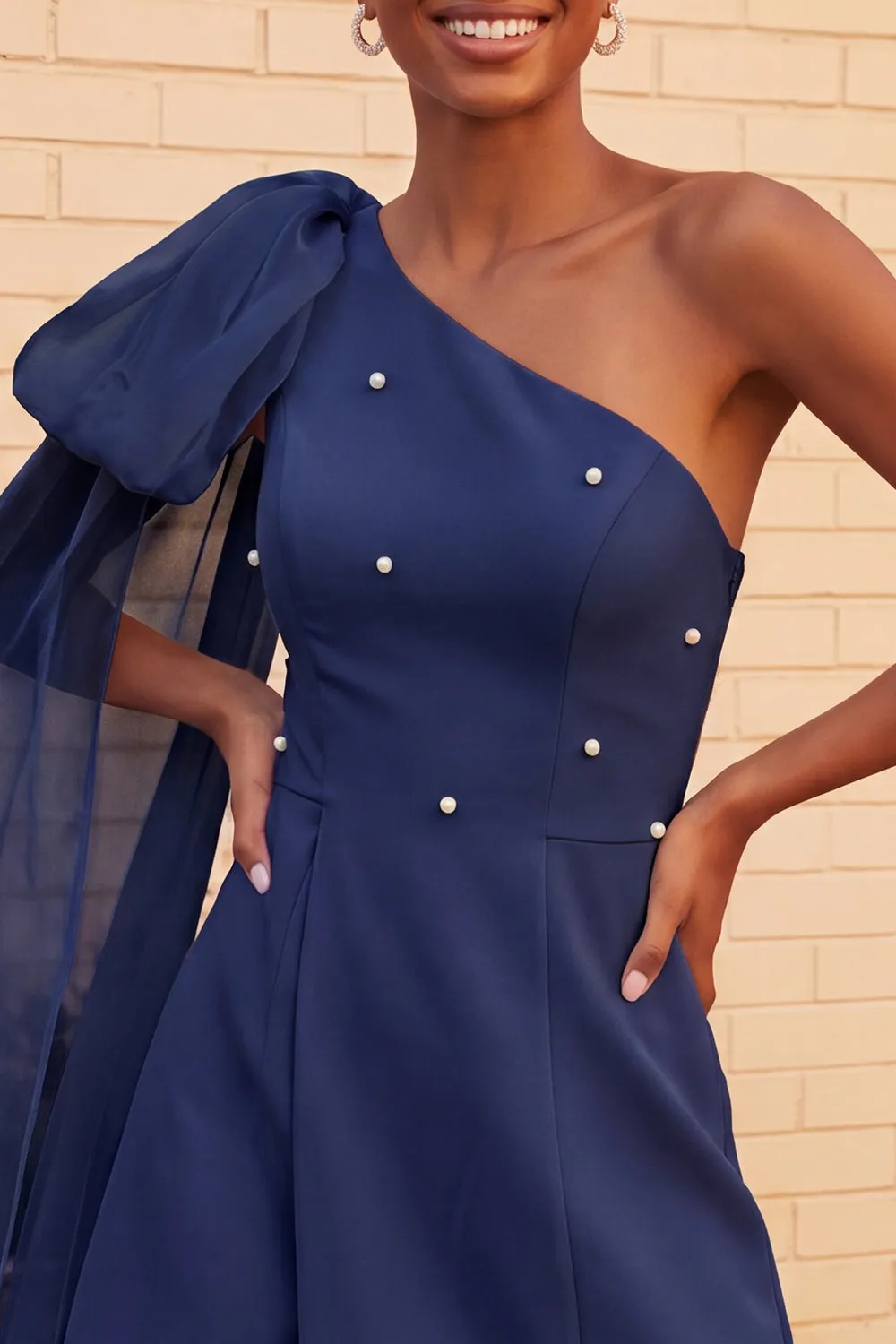 One Shoulder Dark Blue A-Line Pearl Homecoming Dress with Side Cape sold by Zapaka product image thumbnail 5