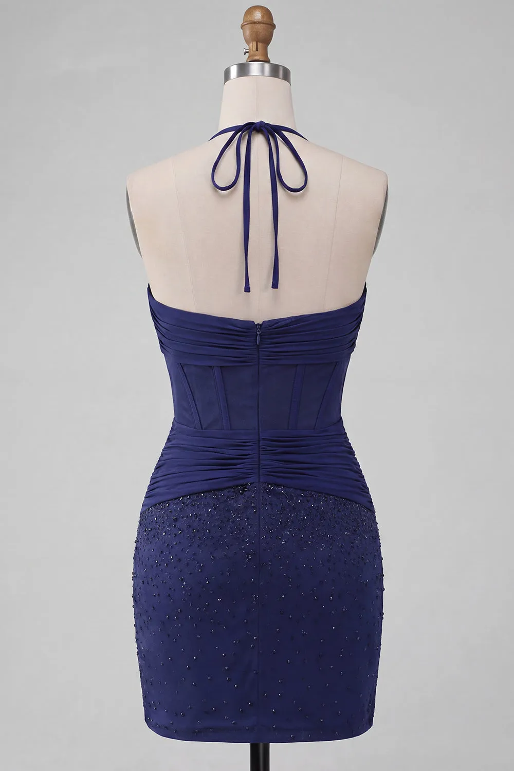 Navy Bodycon Halter Neck Corset Ruched Homecoming Dress with Beading sold by Zapaka product image thumbnail 2