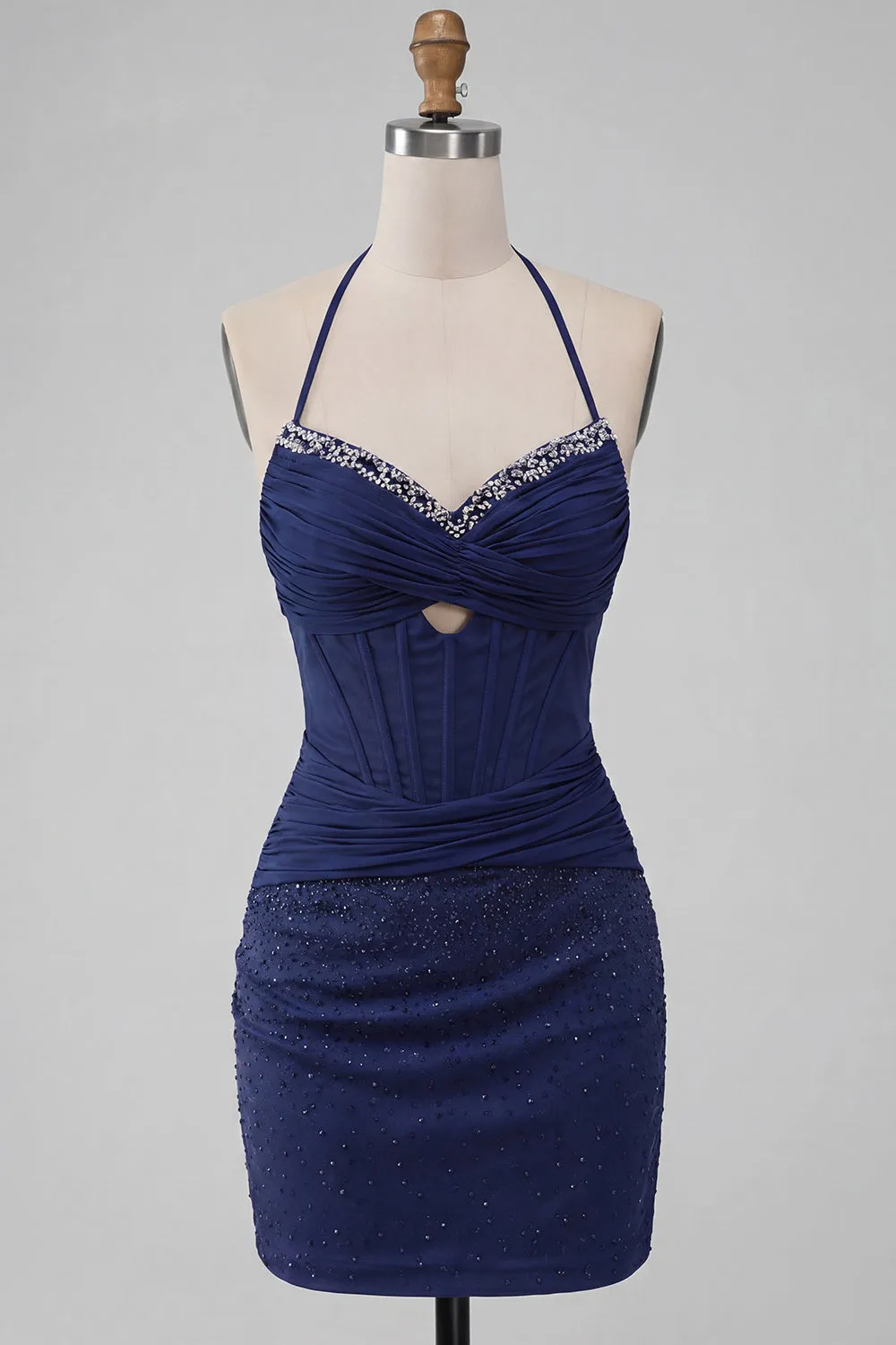 Navy Bodycon Halter Neck Corset Ruched Homecoming Dress with Beading sold by Zapaka