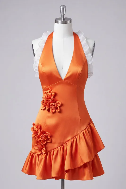 Orange Halter Neck Satin Bodycon Ruffled Lace Up Back Homecoming Dress with 3D Flowers made by Zapaka