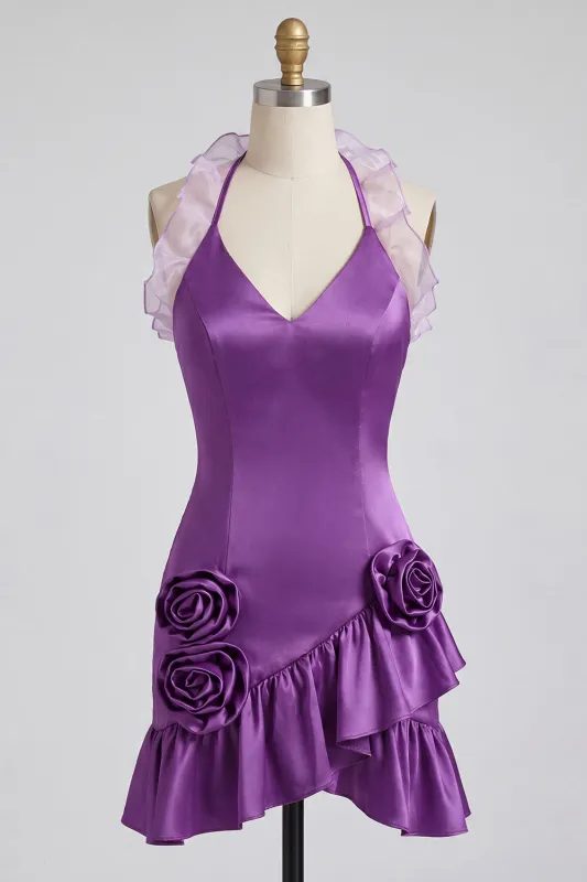 Purple Bodycon Halter Neck Satin Ruffled Homecoming Dress with 3D Flowers made by Zapaka