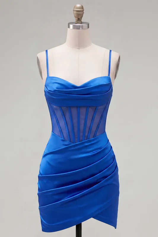 Satin Royal Blue Bodycon Sheer Corset Spaghetti Straps Ruched Homecoming Dress made by Zapaka