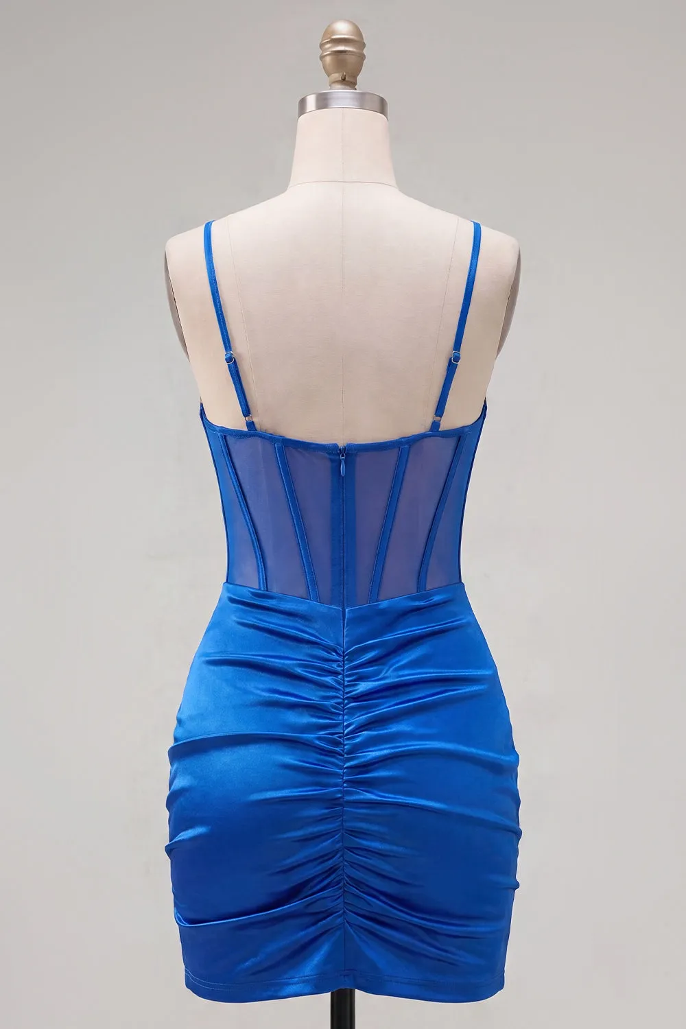 Satin Royal Blue Bodycon Sheer Corset Spaghetti Straps Ruched Homecoming Dress sold by Zapaka product image thumbnail 2
