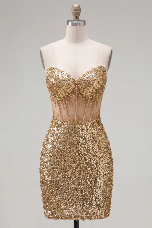 Sparkly Golden Bodycon Sweetheart Sheer Corset Sequins Homecoming Dress made by Zapaka
