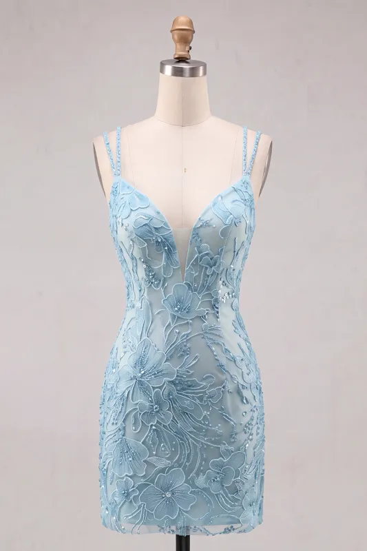Light Blue Bodycon Spaghetti Straps Floral Short Homecoming Dress with Beading made by Zapaka