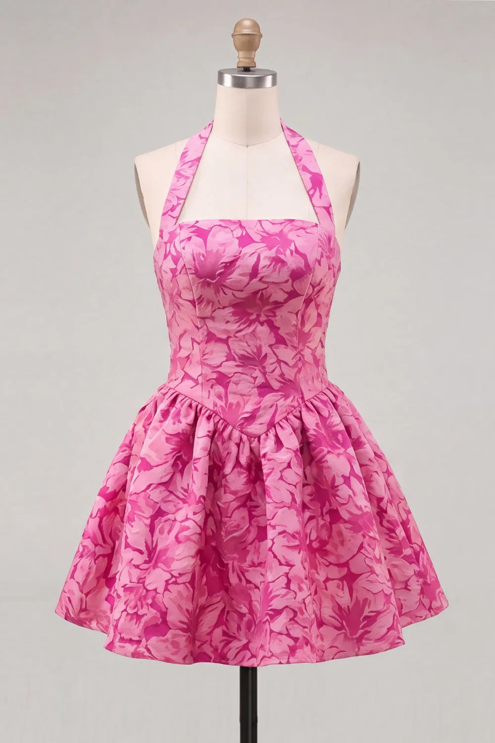 A-Line Fuchsia Halter Neck Jacquard Floral Short Homecoming Dress sold by Zapaka