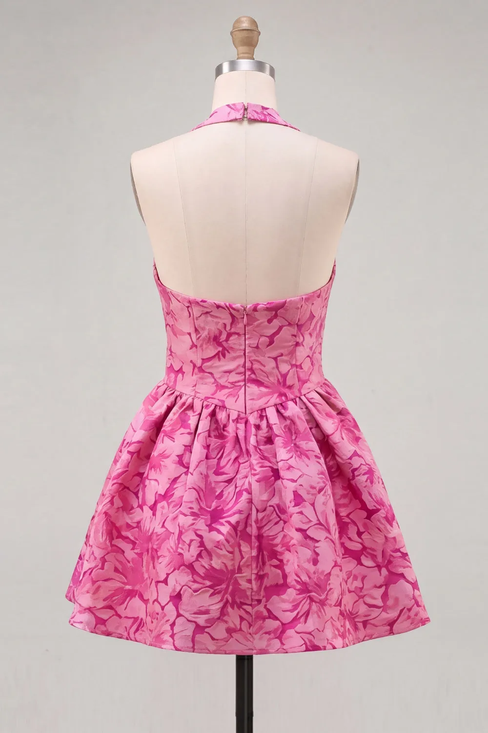 A-Line Fuchsia Halter Neck Jacquard Floral Short Homecoming Dress sold by Zapaka product image thumbnail 2